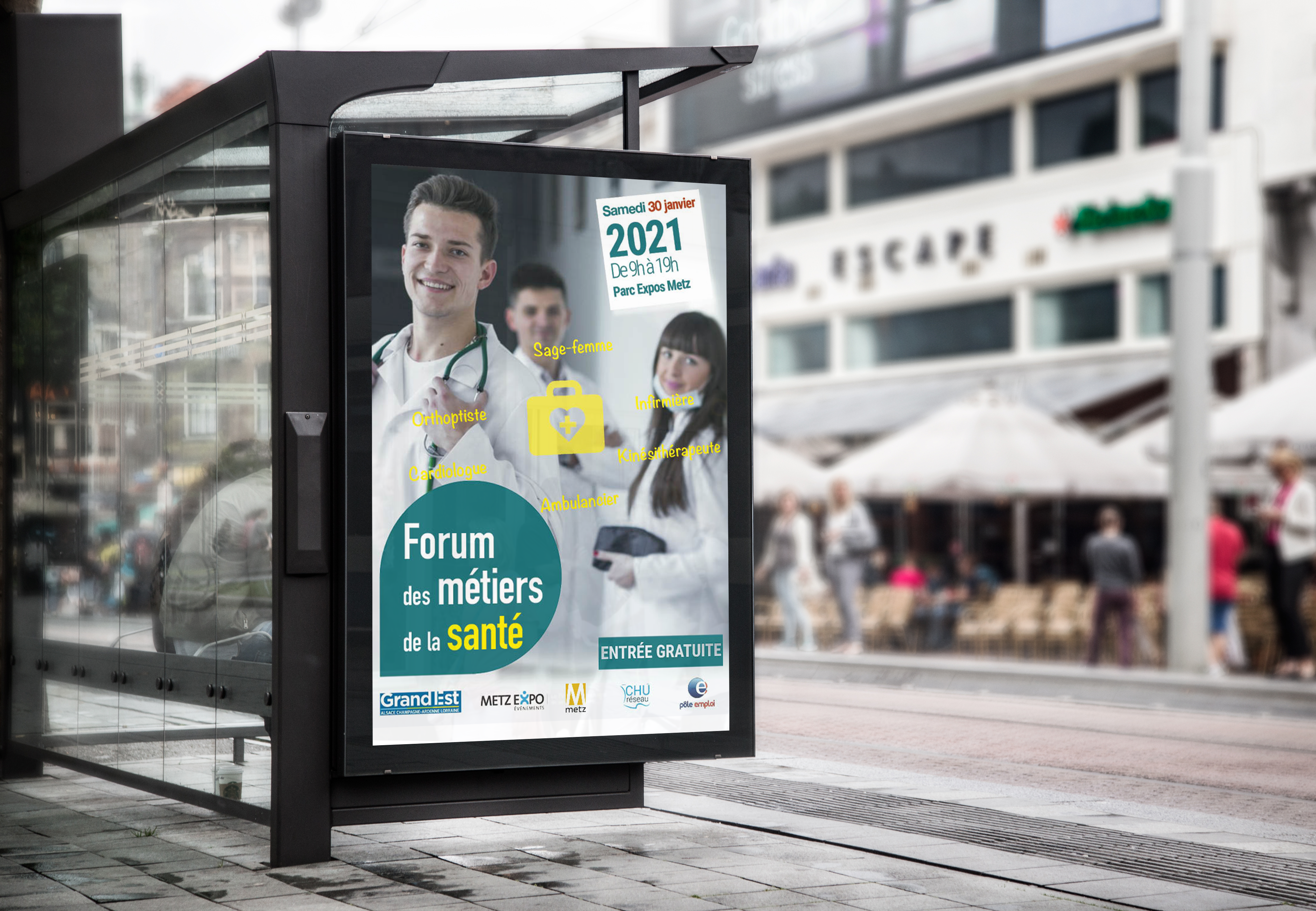 flyer salon des métiers de la santé sur un abris bus
